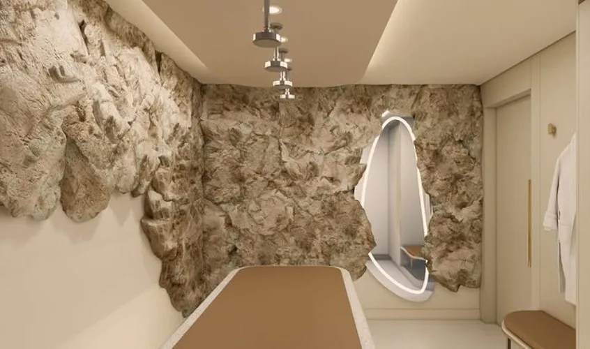Ambiente com cascata e rocha artesanal